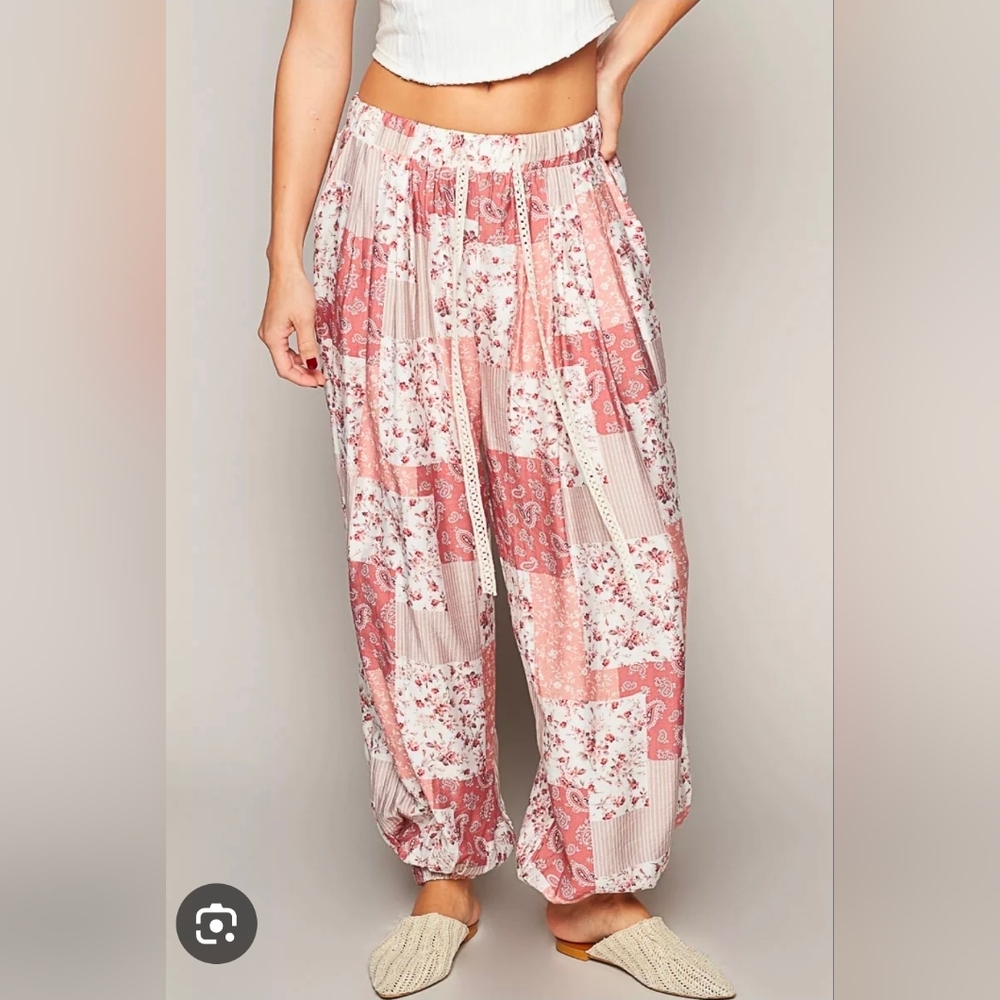 POL Pink Floral Patchwork Wide Leg Pants NWOT M